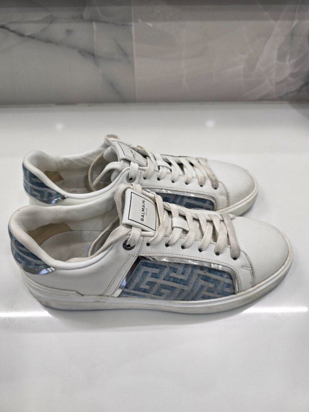 Balmain B-Court Monogramed Denim Leather Sneaker - Picture 5 of 8